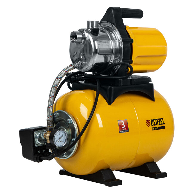 Насосная станция PS800X, 800 Вт, 3200 л/ч, ресивер 24 л, подъем 38 м, нержавейка Denzel в Москве