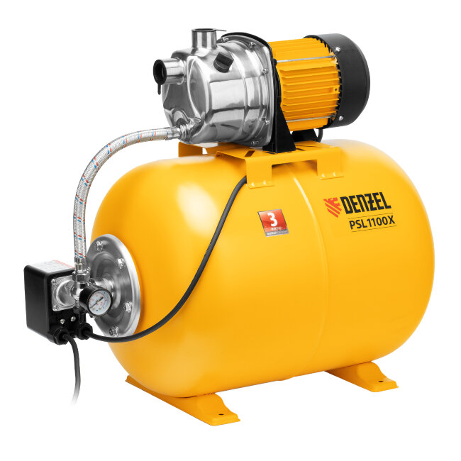 Насосная станция PSL1100X, 1100 Вт, 3600 л/ч, ресивер 50 л, подъем 45 м, нержавейка Denzel в Москве